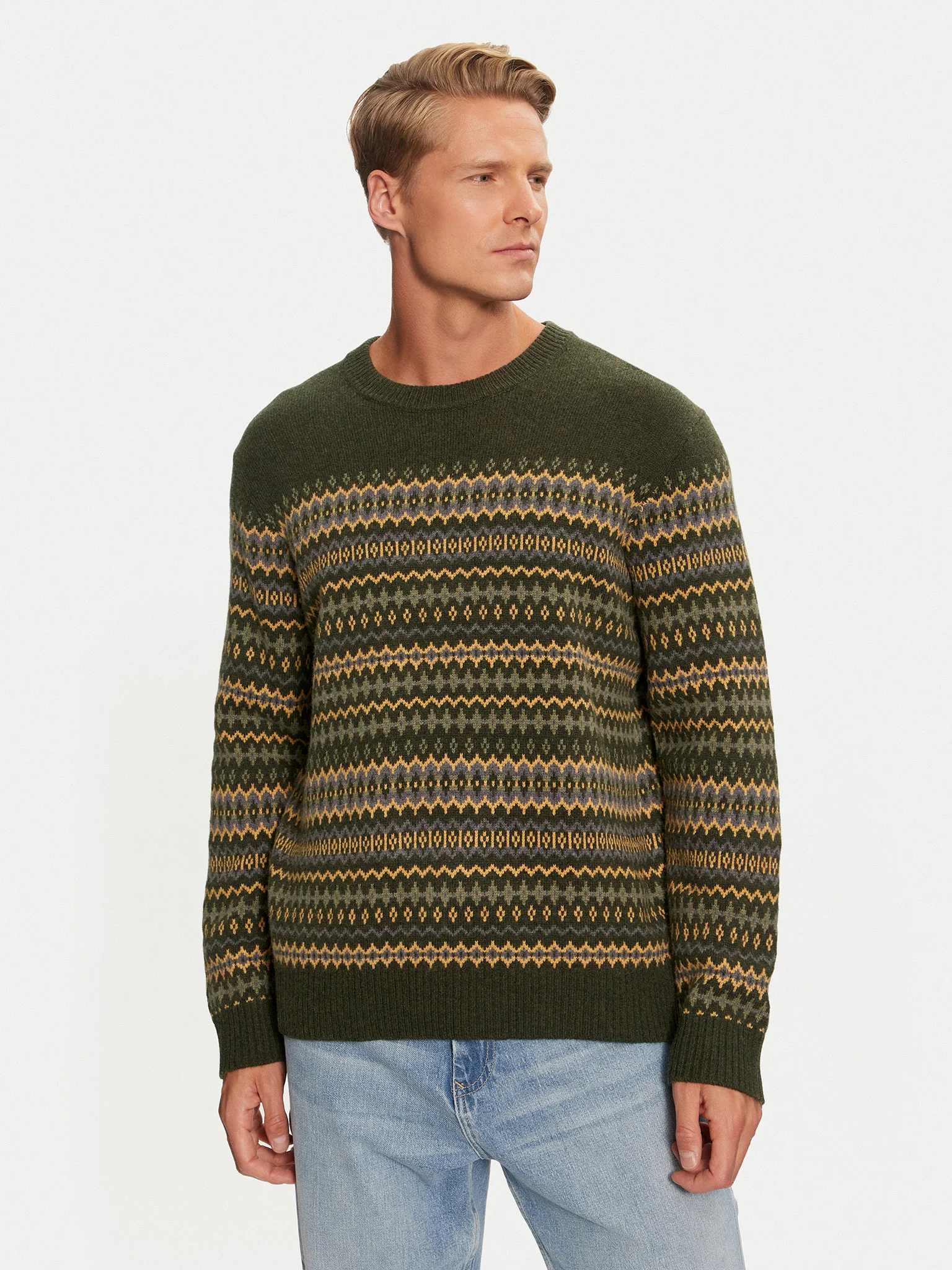 Wrangler - Fairisle Sweater / Verdant Green - Elegáns Férfi pulóver